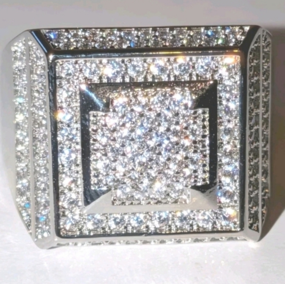 Mens Silver and Black Square Ring Sz 8